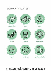 Biohacking, icon set,hand-drawn black line on turquoise background, organic food, healthy detox, meditation, pills, nature, sport, sleep. Vector stock illustration - Векторная графика