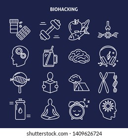 Biohacking icons set in line style. Health improvement concept symbols. Vector illustration with editable stroke.