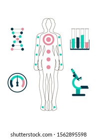 Biohacking laboratory research concept human flat vector illustration. Icons. Vital signs based on the study of the human genome. balanced using dietary supplements.