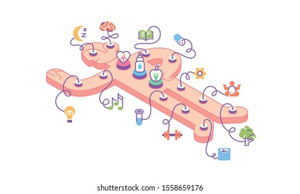 Biohacking laboratory research human concept isometric vector illustration. Icons. Vital signs, sleep, healthy, food, drink water, mental health, meditation,  drugs, exercises,  GYM, brain, read