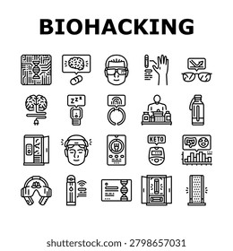 biohacking life nootropics icons set vector. fasting, ketosis microbiome, supplements quantified self transhumanism, neurofeedback biohacking life nootropics black contour illustrations