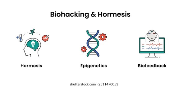 Biohacking and Longevity Illustration. Including Nootropics, Red Light Therapy, Cold Therapy, Hormosis, Smart Drugs icons.