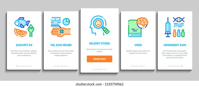 Biohacking Onboarding Mobile App Page Screen Vector Thin Line. Meditation And Brain, Dna And Helix, Genetic And Drugs Biohacking Concept Linear Pictograms. Contour Illustrations