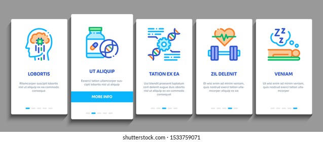 Biohacking Onboarding Mobile App Page Screen Vector Thin Line. Meditation And Brain, Dna And Helix, Genetic And Drugs Biohacking Concept Linear Pictograms. Contour Illustrations