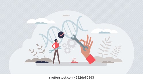 Biohacking as personal body medicine DNA improvement tiny person concept. Genetic hacking to improve life and wellness performance vector illustration. Biotech and genetic manipulation experiment.