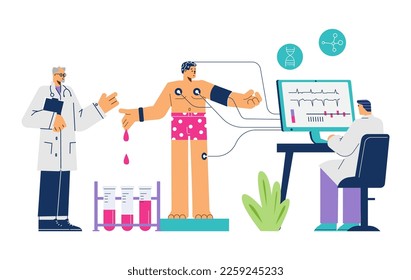 Biohacking and program to maintain human health with help of bioengineered medical technologies, flat cartoon vector illustration isolated on white background.