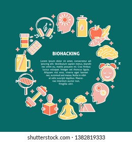 Biohacking round concept banner in colored line style