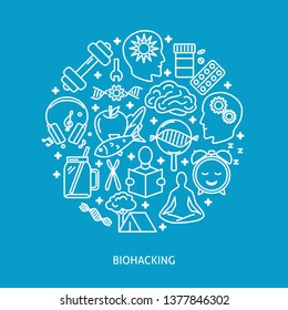 Biohacking round concept banner with icons in line style
