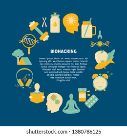 Biohacking round concept banner with icons in flat style