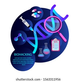 Biohacking Scientific Genetical Research Biological Analysis with magnifier, Injection Tests, Gene, DNA, Vitamins. Biological hacker ethic Anatomical AI monitors Organ wealth. Flat vector illustration