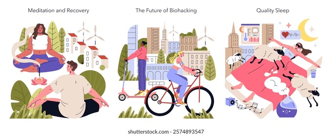 Biohacking set. Depiction of wellness routines, future health optimization, and restful sleep strategies. Yoga meditation, urban scootering, fitness tracking. Vector illustration.