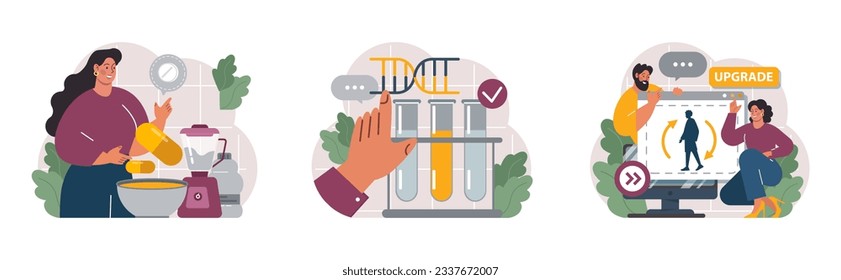 Biohacking set. Health' engineering and improving with modern monitoring system, supplements, diet, and lifestyle changes. Human biological well-being and youth maintaining. Flat vector illustration