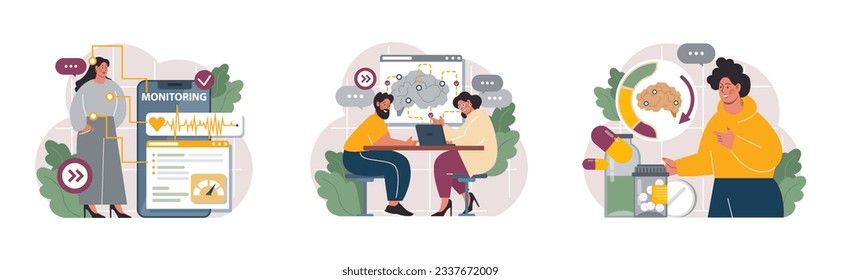 Biohacking set. Health' engineering and improving with modern monitoring system, supplements, diet, and lifestyle changes. Human biological well-being and youth maintaining. Flat vector illustration