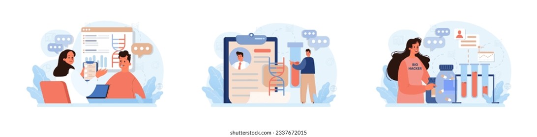 Biohacking set. Health' engineering and improving with modern monitoring system, supplements, diet, and lifestyle changes. Human biological well-being and youth maintaining. Flat vector illustration