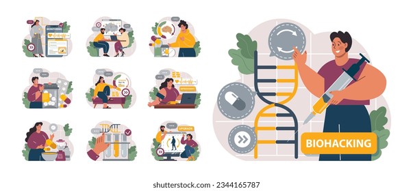 Biohacker-Set. Gesundheitstechnik und -verbesserung mit modernem Überwachungssystem, Nahrungsergänzungen, Ernährungsumstellungen und Veränderungen der Lebensweise. Biologisches Wohlbefinden des Menschen und Erhaltung der Jugend. Flache Vektorgrafik