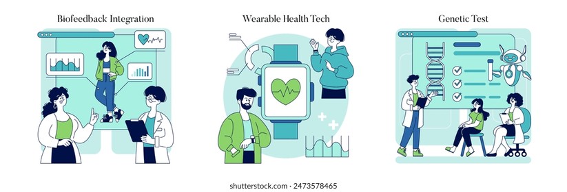 Biohacking set. Integration of biofeedback, wearable health technologies, and genetic testing. Personal health management development. Vector illustration.