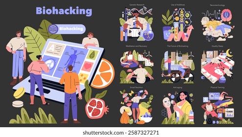 Biohacking set. Methods for enhanced body and mind from genetic research to smart nutrition. Future of personal health optimization. Vector illustration.