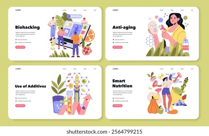 Biohacking set. Personalized health optimization through technology and nutrition. DNA analysis, anti-aging strategies, dietary additives, balanced diet. Vector illustration.