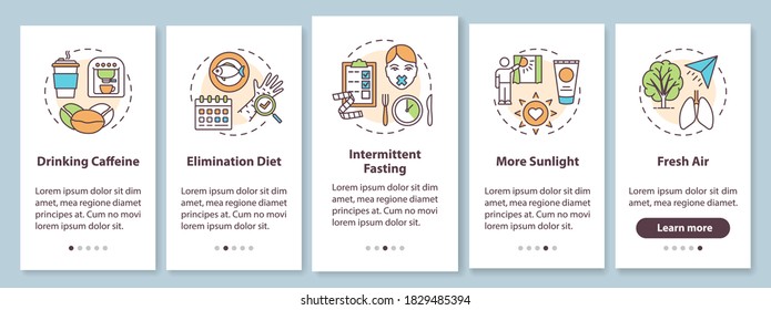 Biohacking tips onboarding mobile app page screen with concepts. Health advancement guide walkthrough five steps graphic instructions. UI vector template with RGB color illustrations