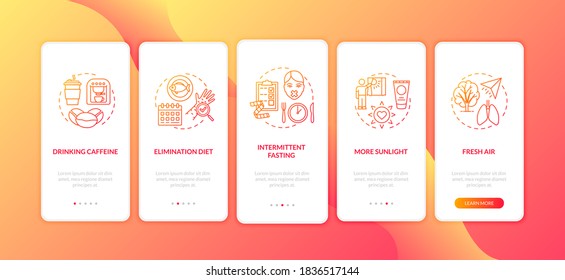 Biohacking tips onboarding mobile app page screen with concepts. Intermittent fasting and elimination diet walkthrough five steps graphic instructions. UI vector template with RGB color illustrations