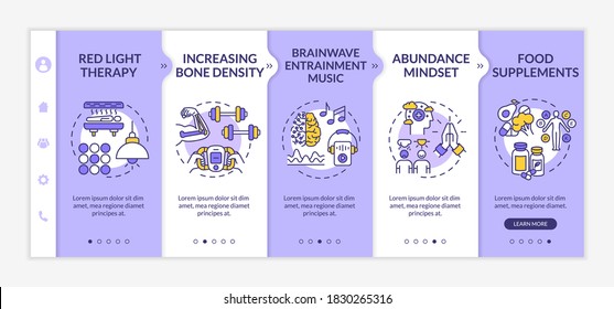 Biohacking tips onboarding vector template. Red light therapy, brainwave music, sport and abundance mindset. Responsive mobile website with icons. Webpage walkthrough step screens. RGB color concept