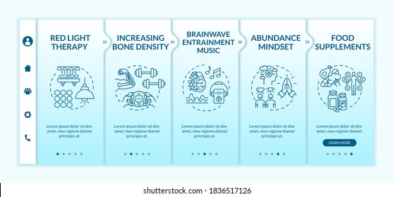 Biohacking tips onboarding vector template. Mind and body hacking, self improvement. DIY biology responsive mobile website with icons. Webpage walkthrough step screens. RGB color concept