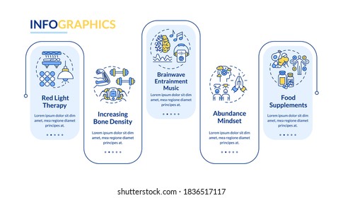 Biohacking tips vector infographic template. Mind and body improvement presentation design elements. Data visualization with five steps. Process timeline chart. Workflow layout with linear iconss