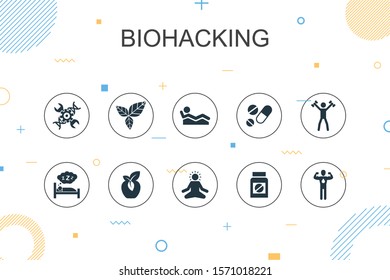 biohacking trendy Infographic template. Thin line design with organic food, healthy sleeping, meditation, drugs icons