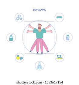 Biohacking vector illustration. Flat tiny self improvement persons concept. Biological health engineering using hacker ethic and anatomical AI monitoring. Grinder approach that affects organs wealth