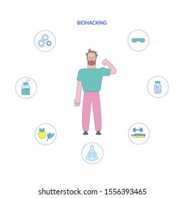 Biohacking vector illustration. Flat tiny self improvement persons concept. Biological health engineering using hacker ethic and anatomical AI monitoring. Grinder approach that affects organs wealth