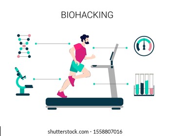 Biohacking vector illustration. Flat tiny self improvement persons concept. Biological health engineering using hacker ethic and anatomical AI monitoring. 