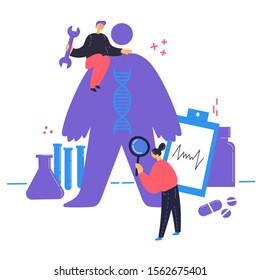 Biohacking vector illustration.Biological health engineering.Man and woman explore the human body,monitoring of a condition of an organism.Laboratory research human concept vector illustration.DNA