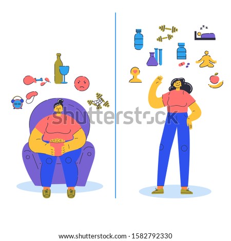 Biohacking vector illustration.Biological health engineering.Angry woman with bad habits and happy woman with tips how you can improve your body.Water,pills,sports,proper nutrition,mental health.Flat