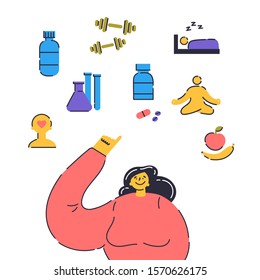 Biohacking vector illustration.Biological health engineering.Happy woman points her finger at how you can improve your body.Water,pills,sports,healthy sleep,proper nutrition,mental health,relaxation.