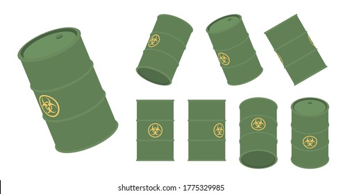 Biohazard barrel set with warning sticker sign. Metal green containers to store hazardous infectious, dangerous bio medical waste transporting. Vector flat style cartoon illustration, different views