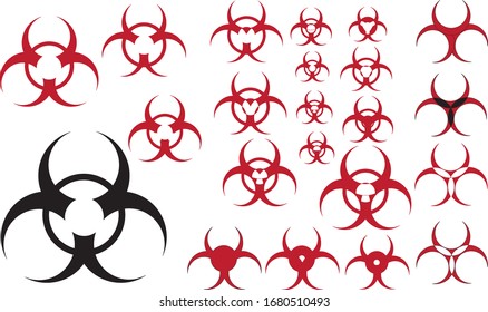 Biohazard biological danger sign, symbolic virus sign variations, creative logo based on classic danger vector shape dangerous epidemic spreading symbols