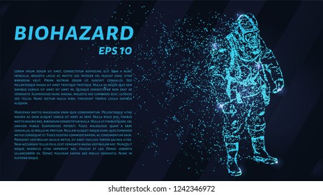 Biohazard from blue glowing dots. Man in biological protection suit