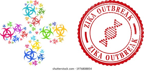 Biohazard bright explosion flower cluster, and red round ZIKA OUTBREAK dirty stamp imitation. Biohazard symbol inside round stamp seal. Object cluster created from scattered biohazard items.