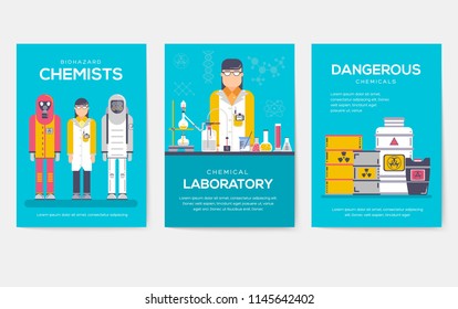 Biohazard chemists brochure cards set. chemistry lab template of flyear, magazine, poster, book cover, banner. Science people with equipment invitation concept background. Layout scientist modern 
