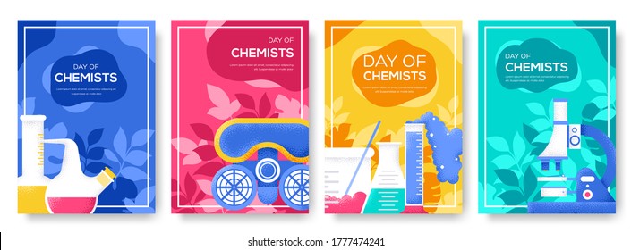 Biohazard chemists brochure cards set.Chemistry lab template of flyear, magazine, poster, banner.People character with items around biohazard chemists background.Grain texture and noise effect.