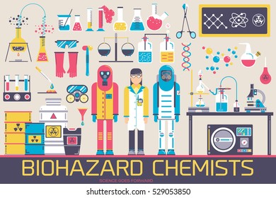 Biohazard chemists in chemistry lab  illustration concept set. Science people with equipment icons design. Scientist workplace tools for research