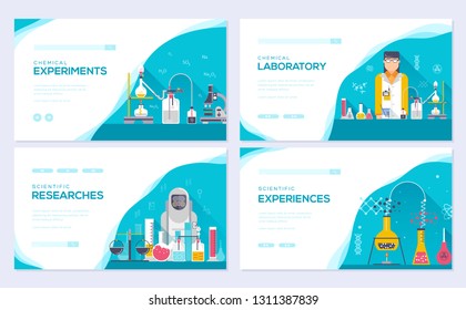 Biohazard chemists vector brochure cards set. Chemistry lab template of flyear, web banner, ui header, enter site. Science people with equipment invitation concept background. Layout modern