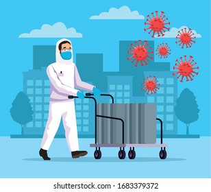 biohazard cleaning person with covid19 particles vector illustration design