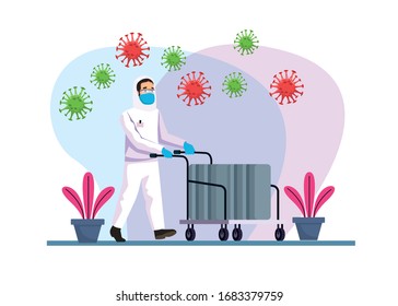 biohazard cleaning person with covid19 particles vector illustration design