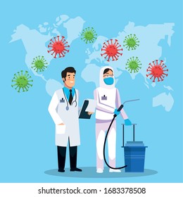 biohazard cleaning person with doctor characters vector illustration design