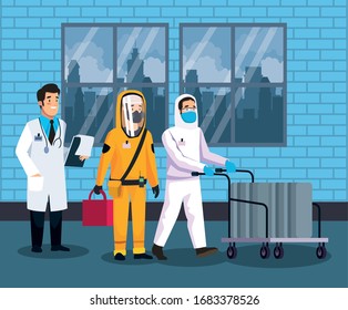 biohazard cleaning person and doctor characters vector illustration design