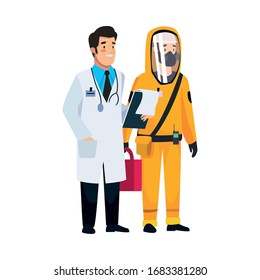 biohazard cleaning person and doctor characters vector illustration design