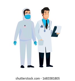 biohazard cleaning person and doctor characters vector illustration design