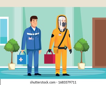 biohazard cleaning person and paramedic characters vector illustration design