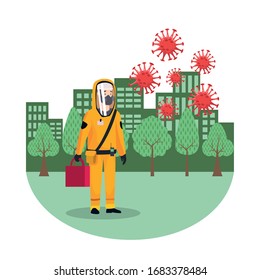 biohazard cleaning person with special suit and covid19 particles vector illustration design